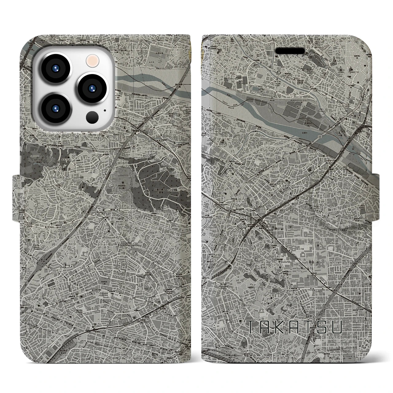 【高津(神奈川県)】地図柄iPhoneケース(手帳タイプ)モノトーン・iPhone 13 Pro 用