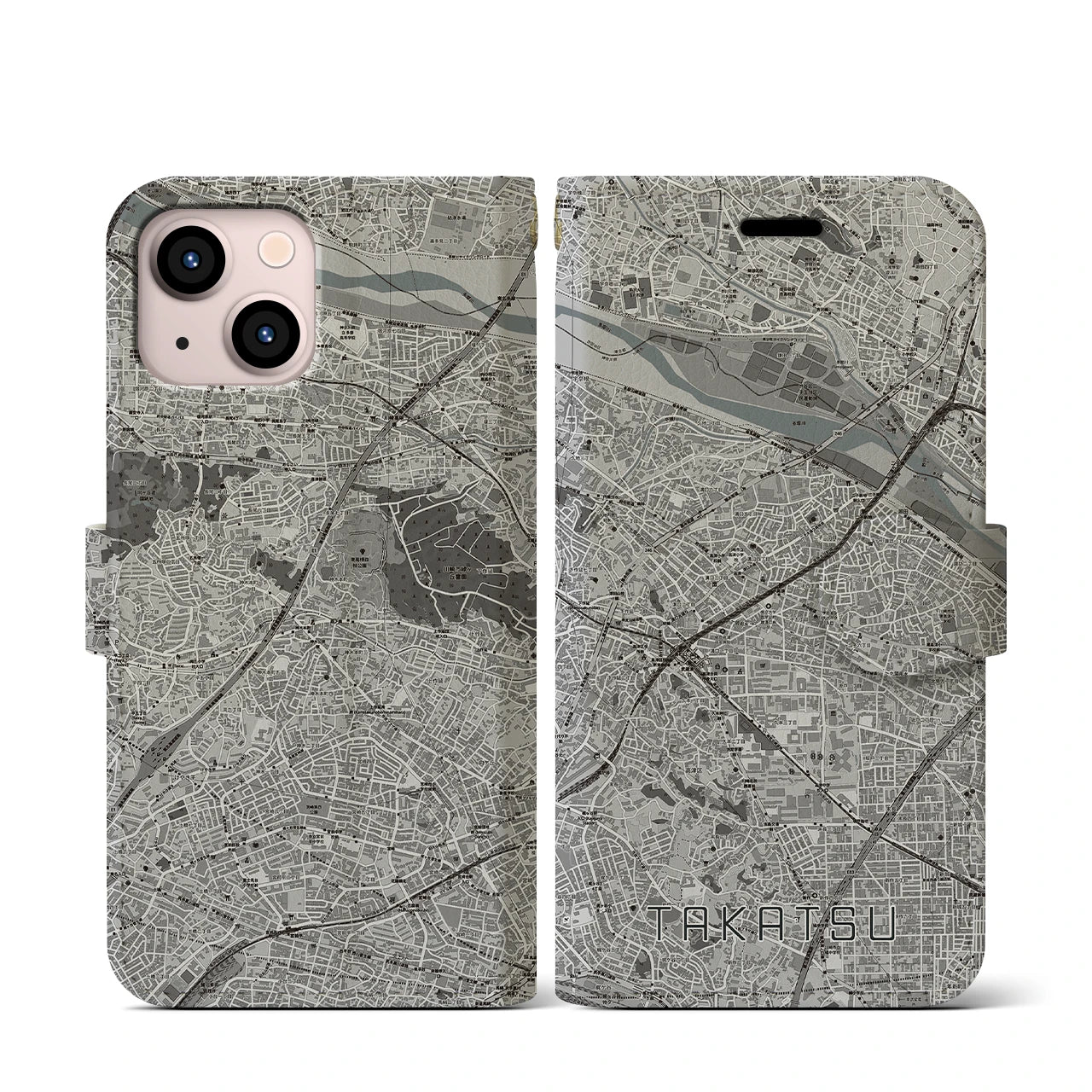 【高津(神奈川県)】地図柄iPhoneケース(手帳タイプ)モノトーン・iPhone 13 mini 用