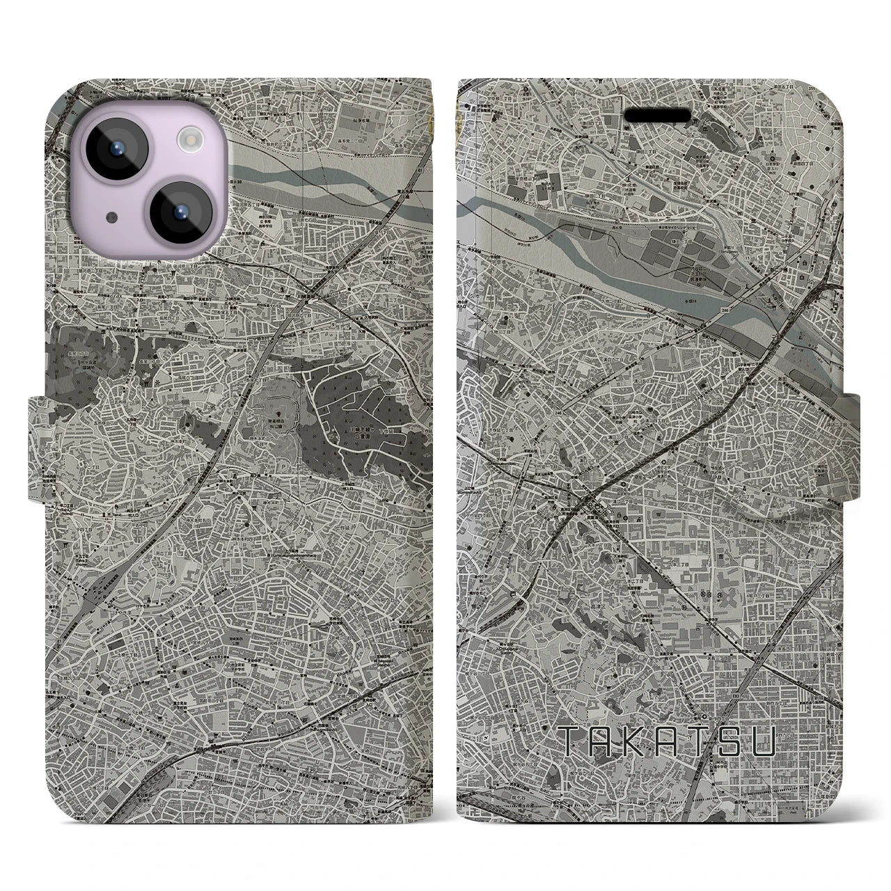 【高津(神奈川県)】地図柄iPhoneケース(手帳タイプ)モノトーン・iPhone 14 用