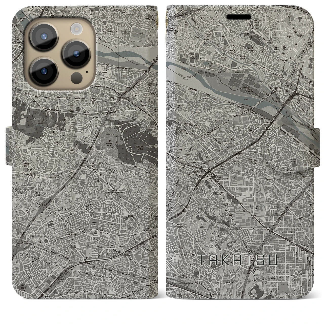 【高津(神奈川県)】地図柄iPhoneケース(手帳タイプ)モノトーン・iPhone 14 Pro Max 用