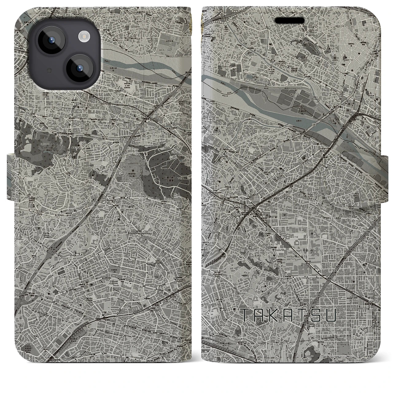 【高津(神奈川県)】地図柄iPhoneケース(手帳タイプ)モノトーン・iPhone 14 Plus 用