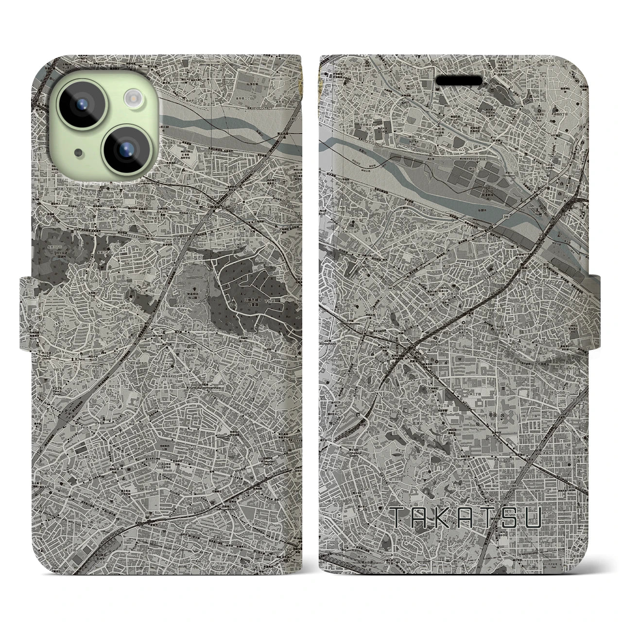 【高津(神奈川県)】地図柄iPhoneケース(手帳タイプ)モノトーン・iPhone 15 用