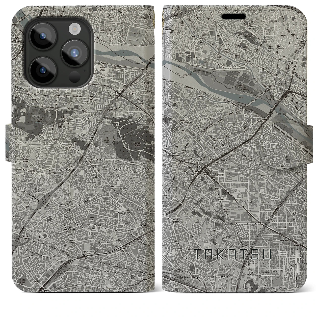 【高津(神奈川県)】地図柄iPhoneケース(手帳タイプ)モノトーン・iPhone 15 Pro Max 用