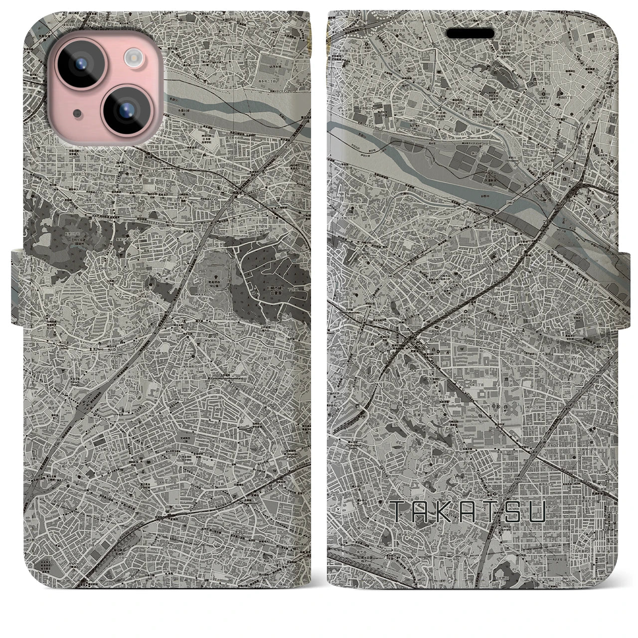 【高津(神奈川県)】地図柄iPhoneケース(手帳タイプ)モノトーン・iPhone 15 Plus 用