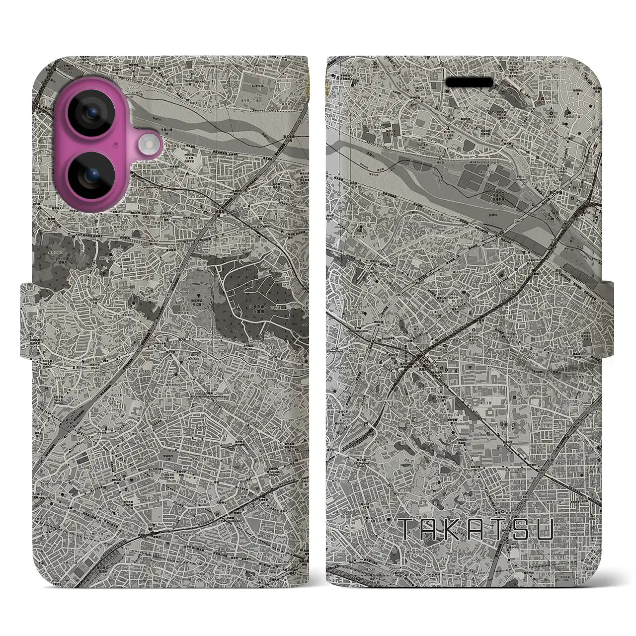 【高津(神奈川県)】地図柄iPhoneケース(手帳タイプ)モノトーン・iPhone 16 Pro 用