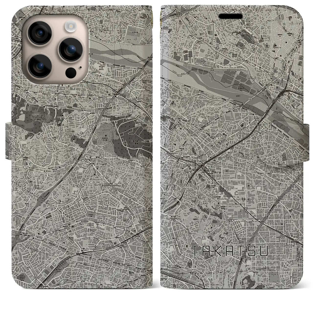 【高津(神奈川県)】地図柄iPhoneケース(手帳タイプ)モノトーン・iPhone 16 Plus 用