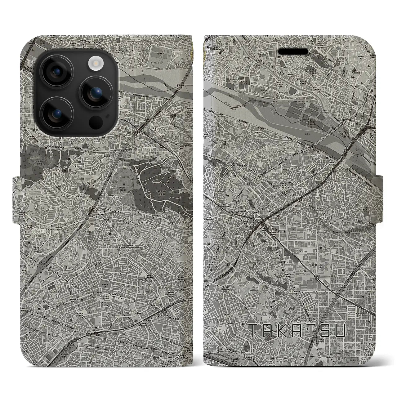 【高津(神奈川県)】地図柄iPhoneケース(手帳タイプ)モノトーン・iPhone 16 用
