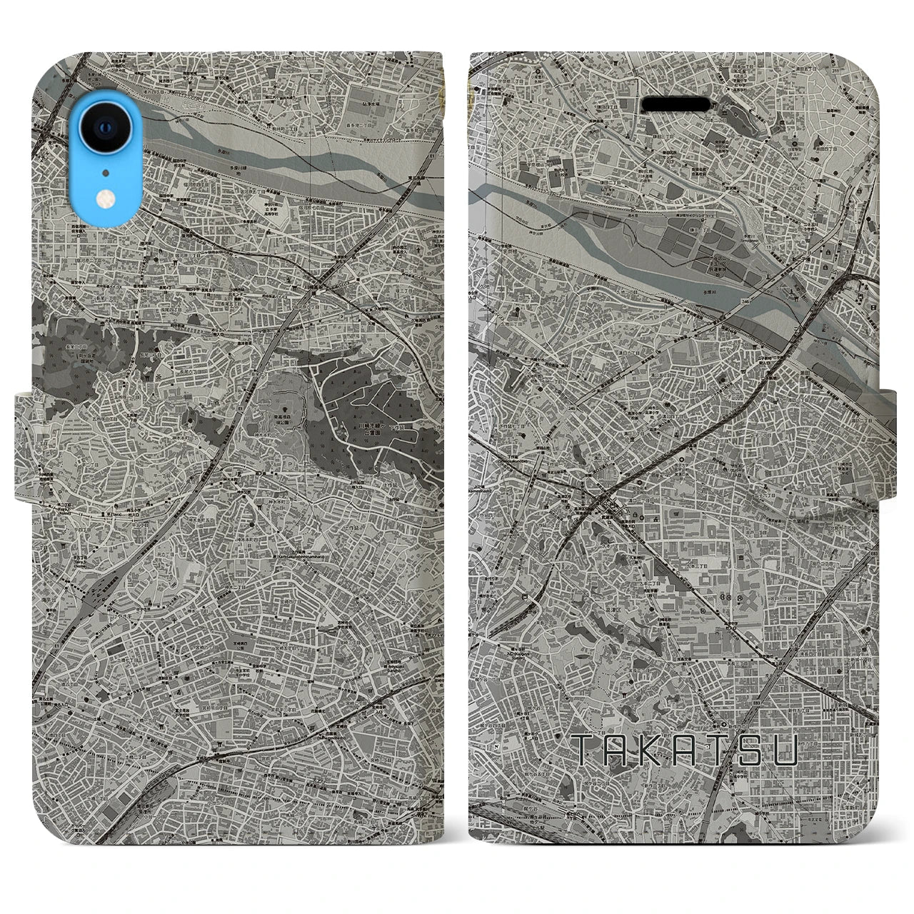 【高津(神奈川県)】地図柄iPhoneケース(手帳タイプ)モノトーン・iPhone XR 用