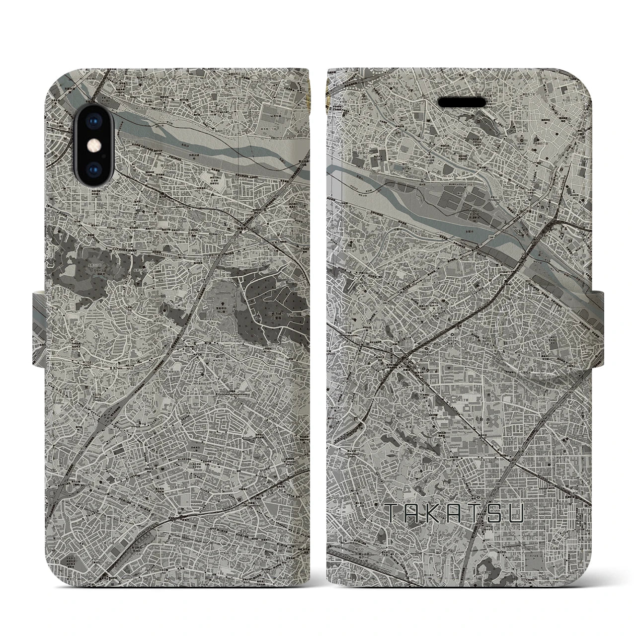 【高津(神奈川県)】地図柄iPhoneケース(手帳タイプ)モノトーン・iPhone XS / X 用