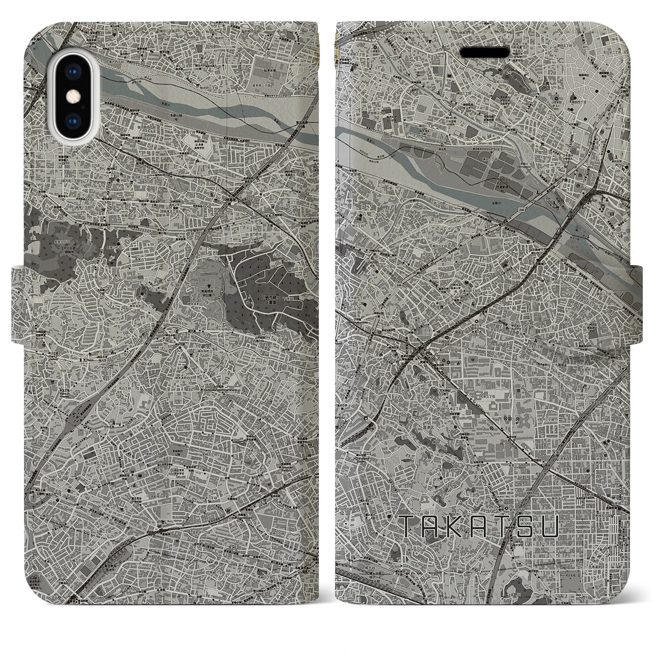【高津(神奈川県)】地図柄iPhoneケース(手帳タイプ)モノトーン・iPhone XS Max 用