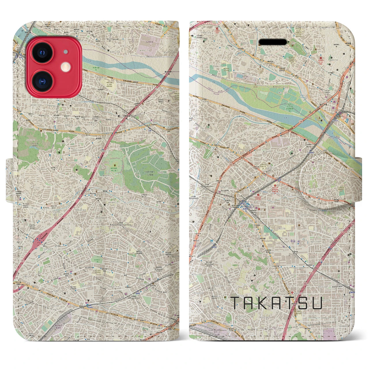 【高津(神奈川県)】地図柄iPhoneケース(手帳タイプ)ナチュラル・iPhone 11 用