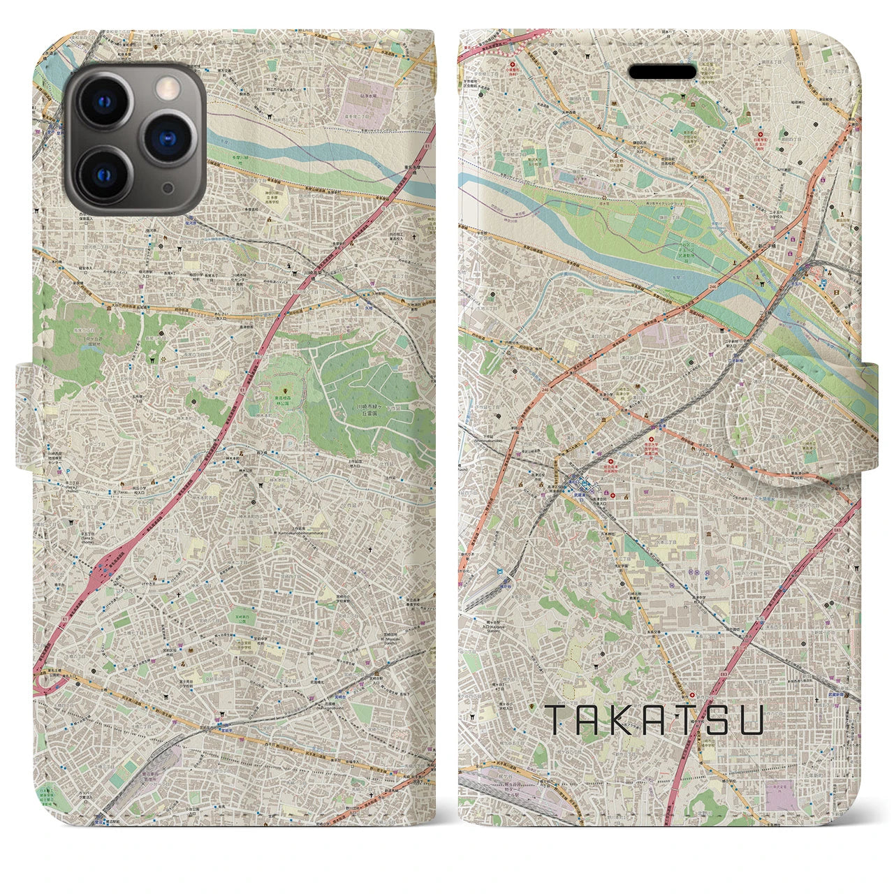 【高津(神奈川県)】地図柄iPhoneケース(手帳タイプ)ナチュラル・iPhone 11 Pro Max 用
