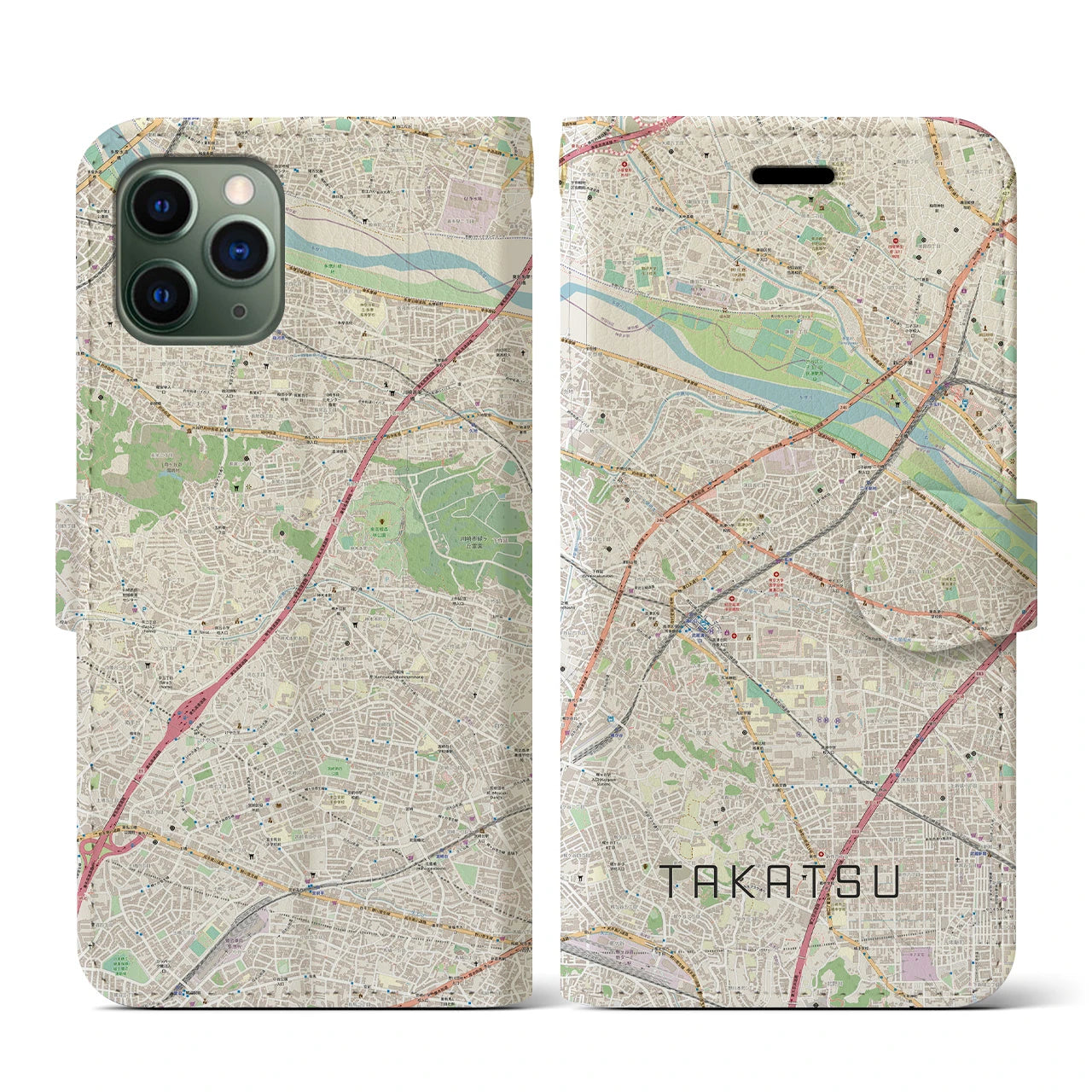 【高津(神奈川県)】地図柄iPhoneケース(手帳タイプ)ナチュラル・iPhone 11 Pro 用