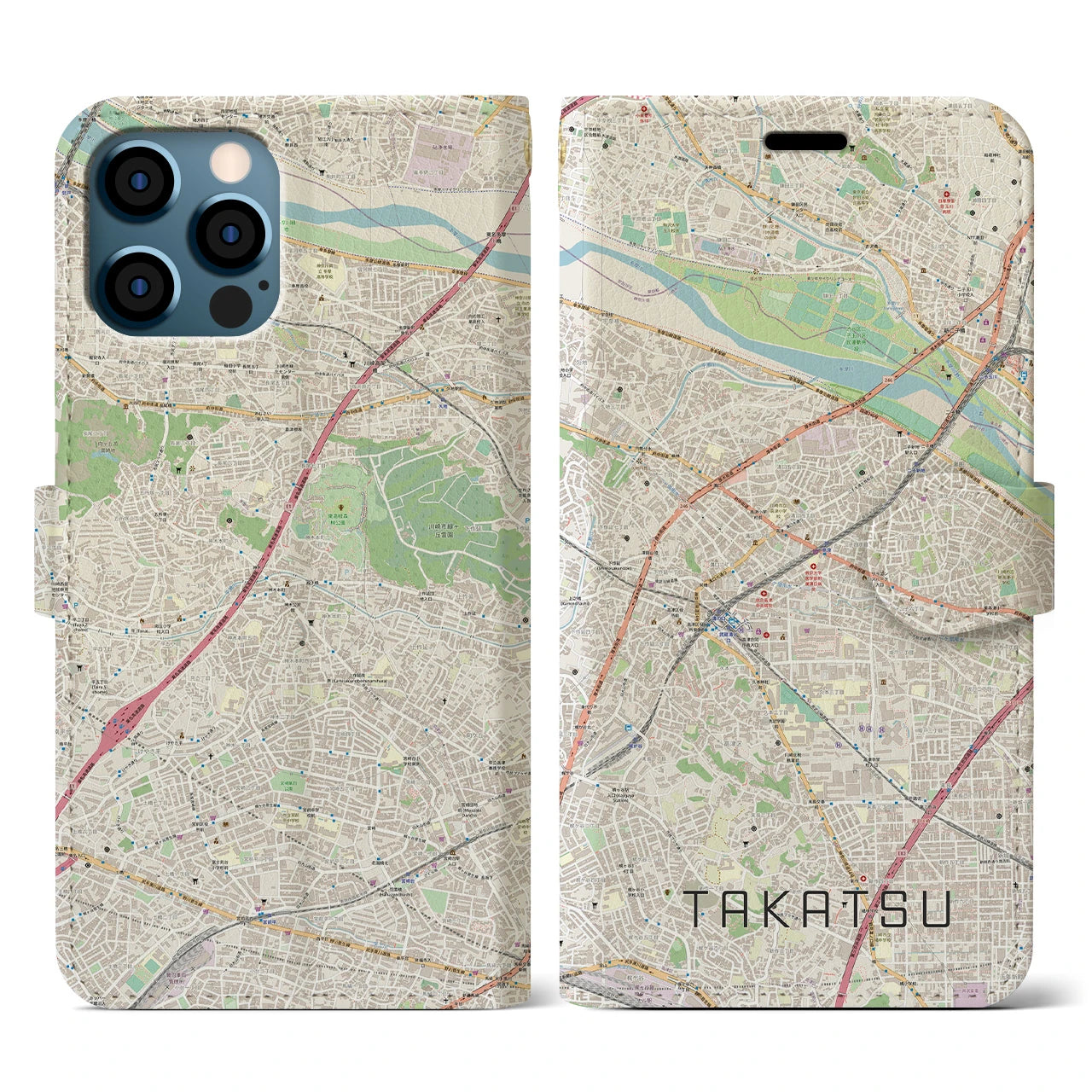 【高津(神奈川県)】地図柄iPhoneケース(手帳タイプ)ナチュラル・iPhone 12 / 12 Pro 用