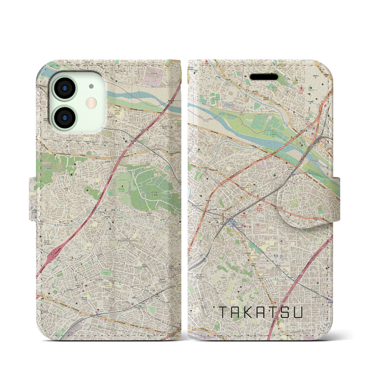 【高津(神奈川県)】地図柄iPhoneケース(手帳タイプ)ナチュラル・iPhone 12 mini 用