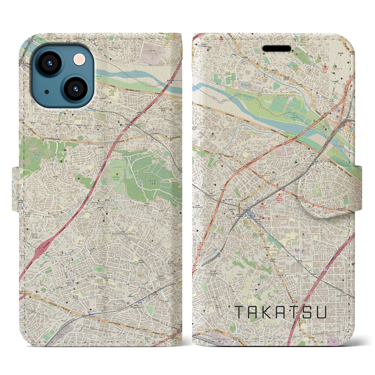 【高津(神奈川県)】地図柄iPhoneケース(手帳タイプ)ナチュラル・iPhone 13 用