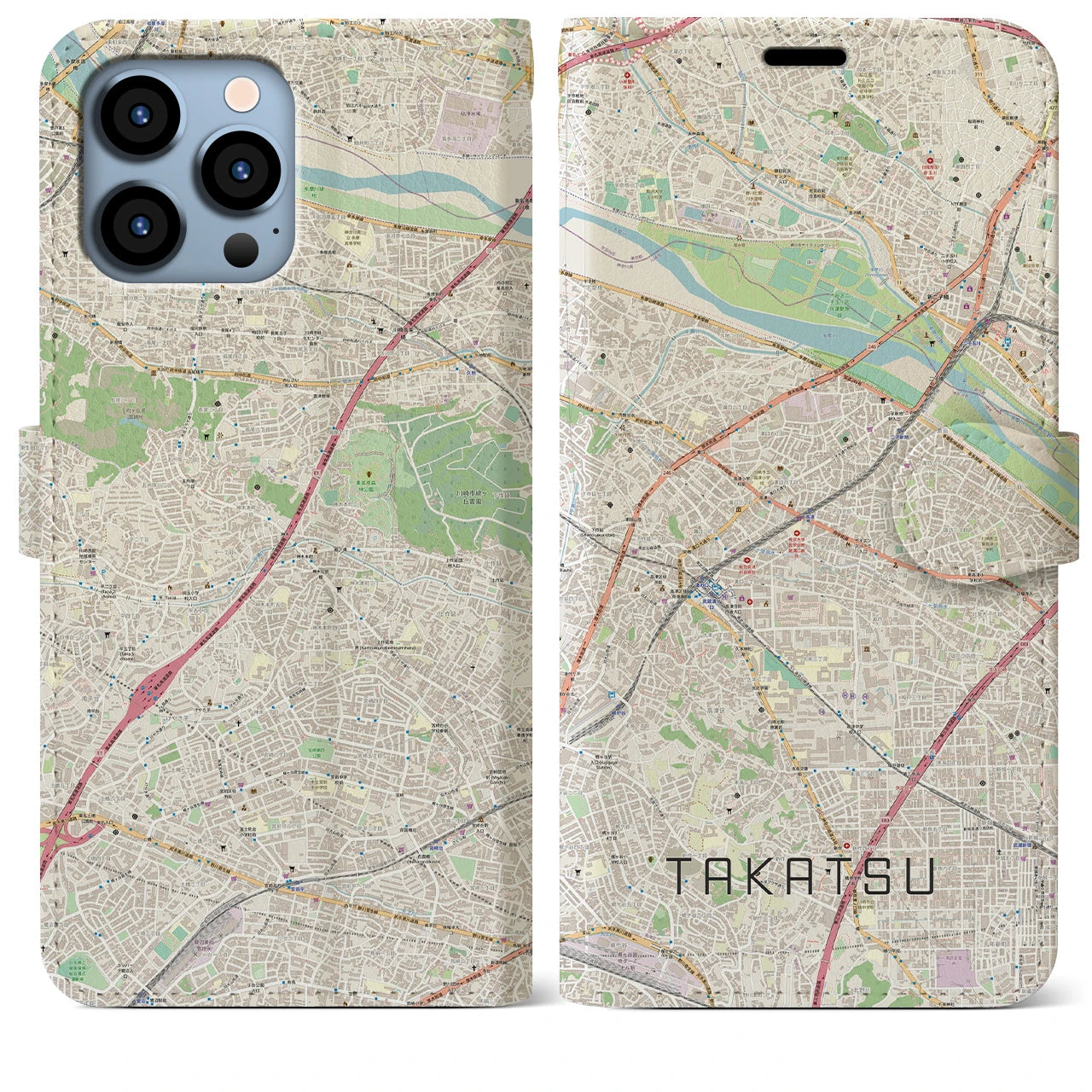 【高津(神奈川県)】地図柄iPhoneケース(手帳タイプ)ナチュラル・iPhone 13 Pro Max 用