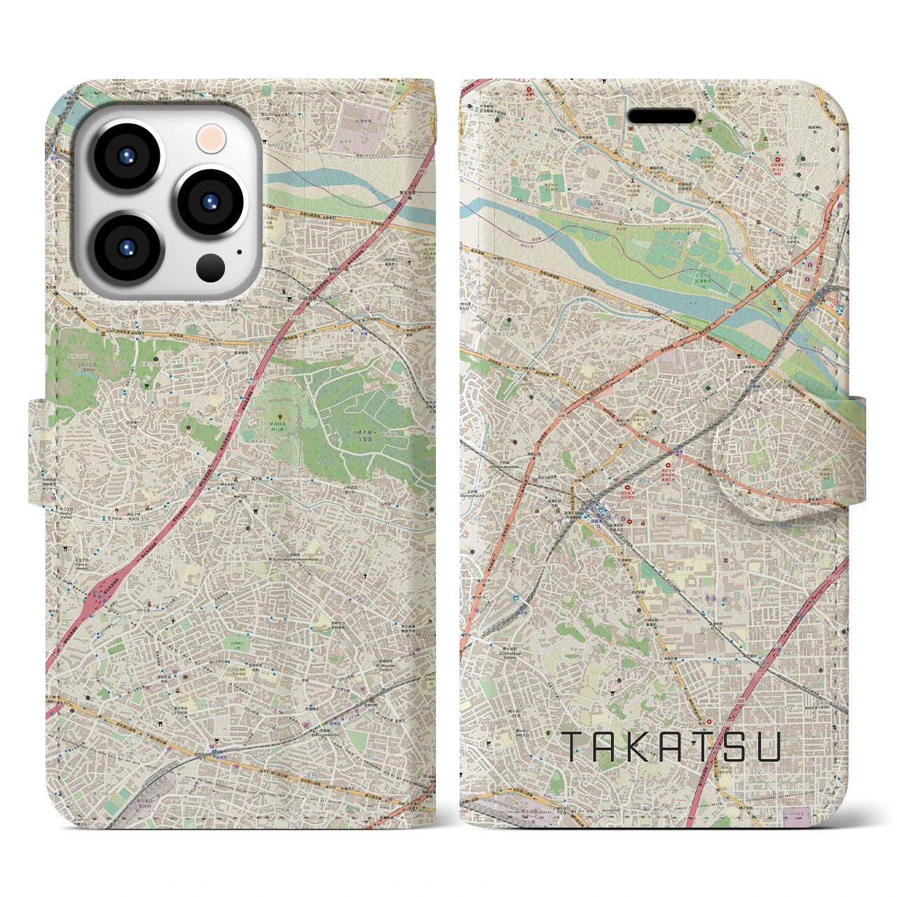 【高津(神奈川県)】地図柄iPhoneケース(手帳タイプ)ナチュラル・iPhone 13 Pro 用
