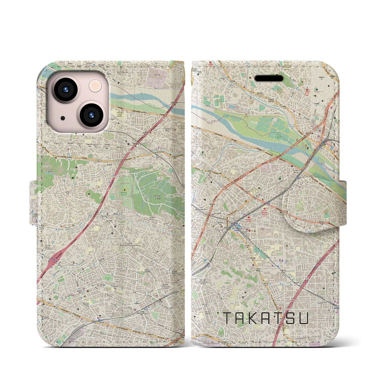 【高津(神奈川県)】地図柄iPhoneケース(手帳タイプ)ナチュラル・iPhone 13 mini 用
