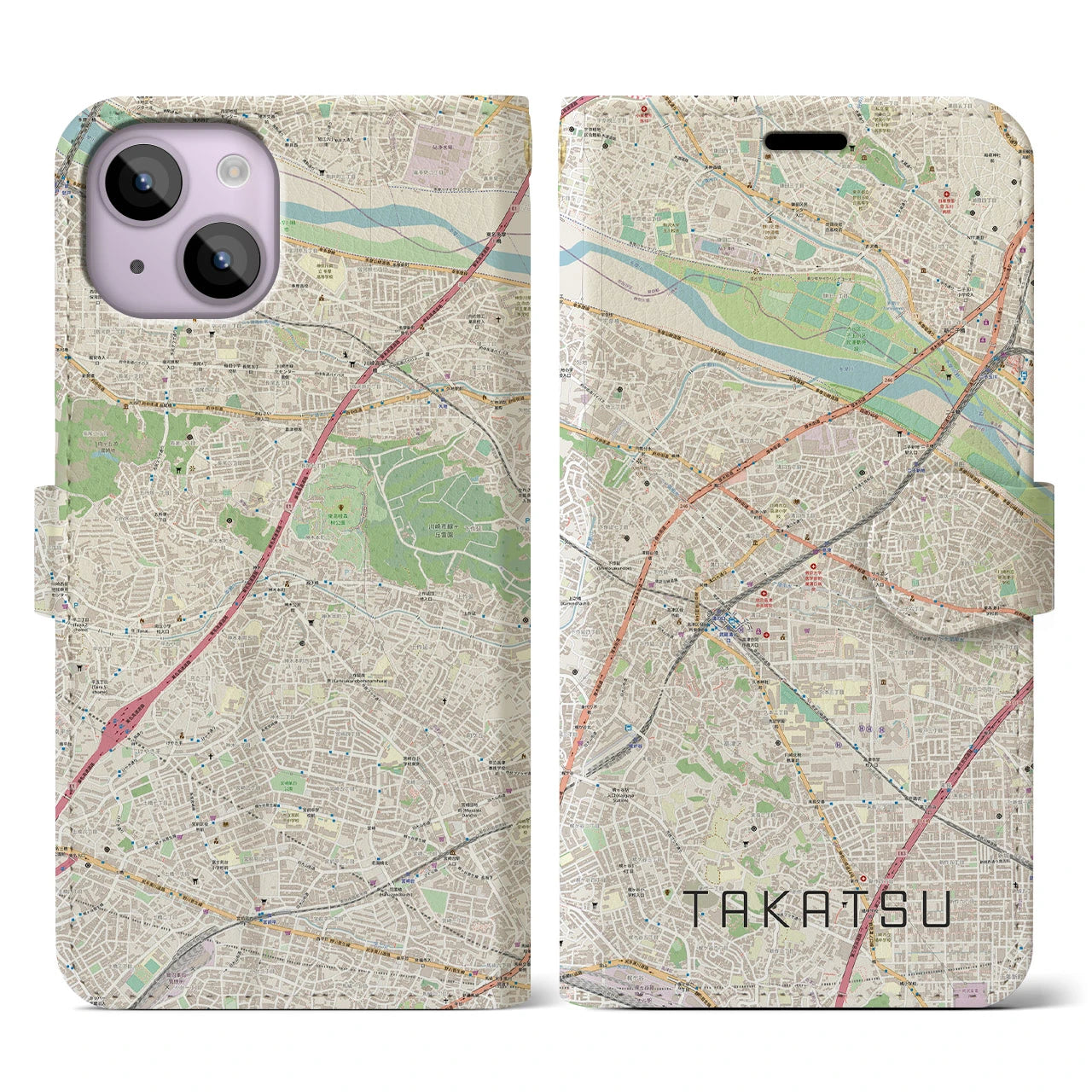 【高津(神奈川県)】地図柄iPhoneケース(手帳タイプ)ナチュラル・iPhone 14 用