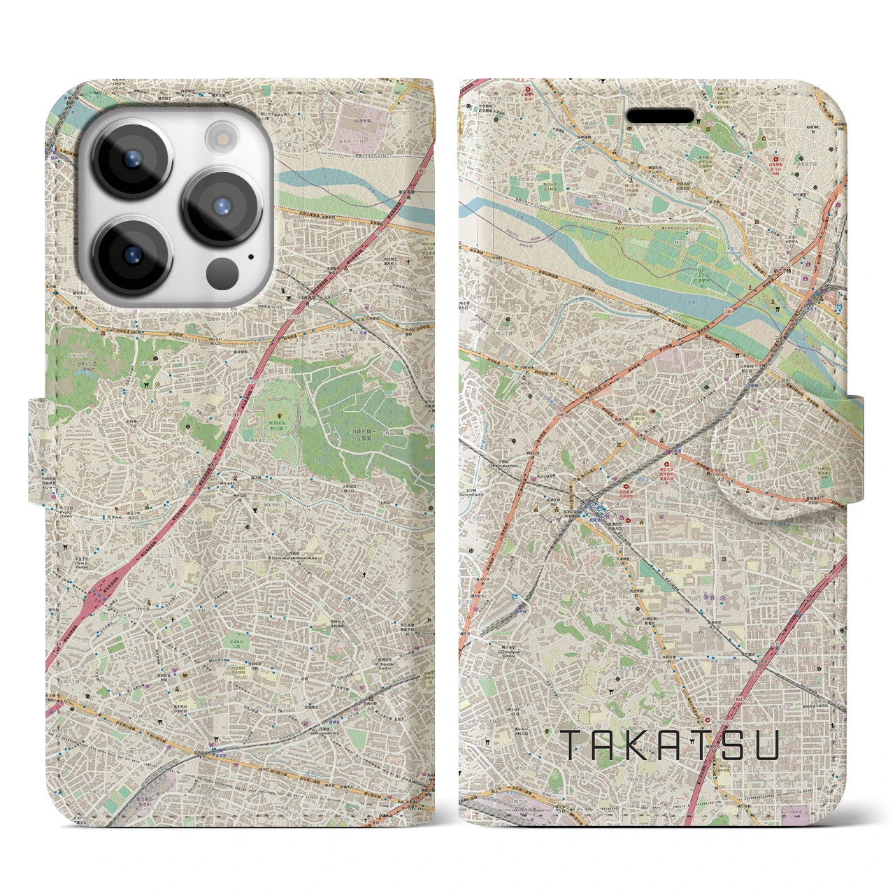 【高津(神奈川県)】地図柄iPhoneケース(手帳タイプ)ナチュラル・iPhone 14 Pro 用