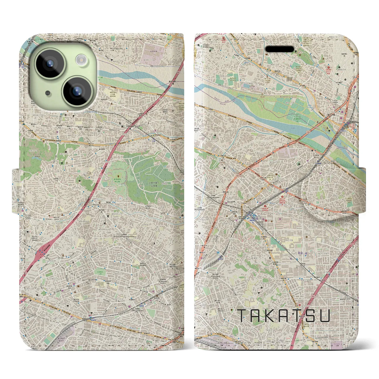 【高津(神奈川県)】地図柄iPhoneケース(手帳タイプ)ナチュラル・iPhone 15 用