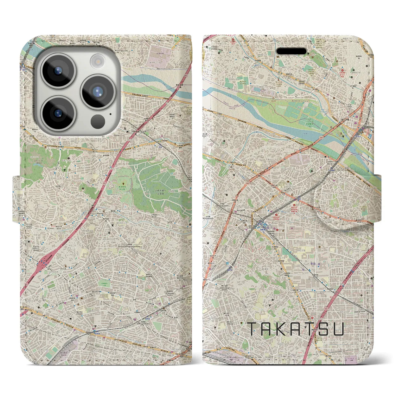 【高津(神奈川県)】地図柄iPhoneケース(手帳タイプ)ナチュラル・iPhone 15 Pro 用
