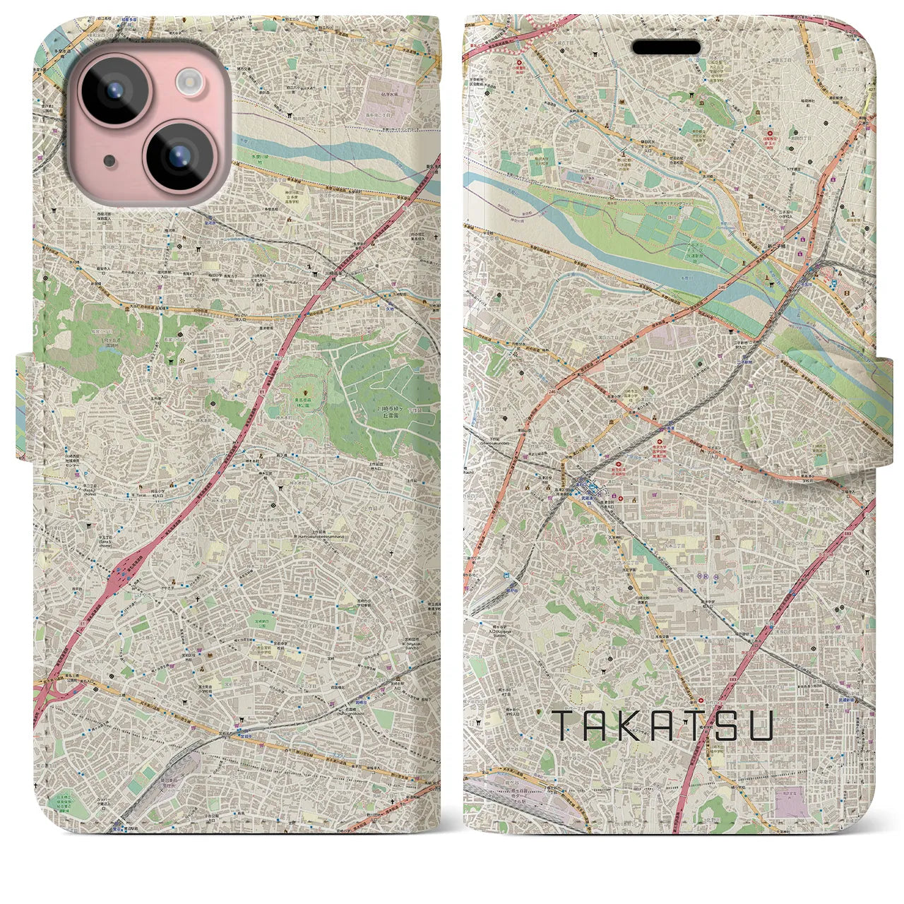 【高津(神奈川県)】地図柄iPhoneケース(手帳タイプ)ナチュラル・iPhone 15 Plus 用