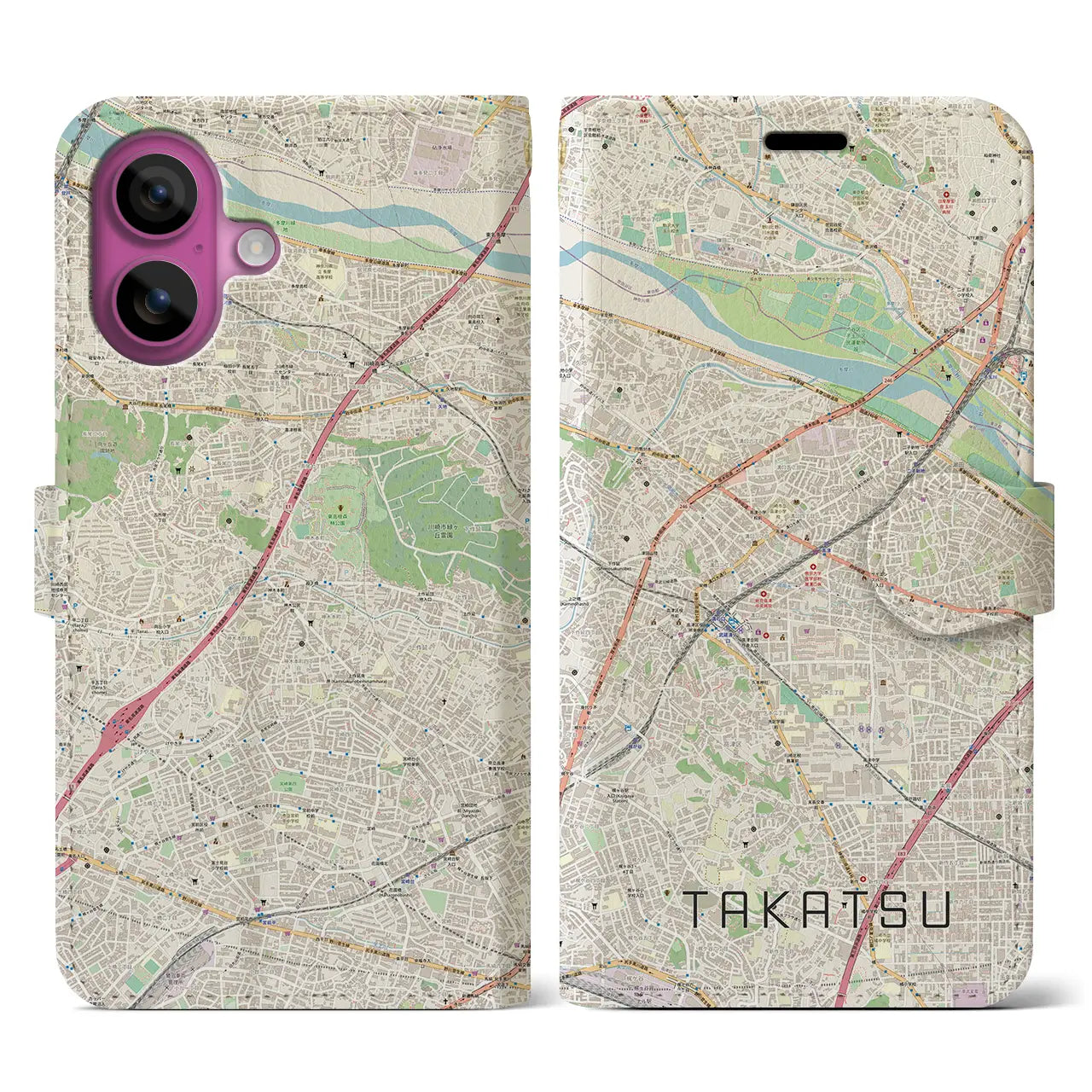 【高津(神奈川県)】地図柄iPhoneケース(手帳タイプ)ナチュラル・iPhone 16 Pro 用