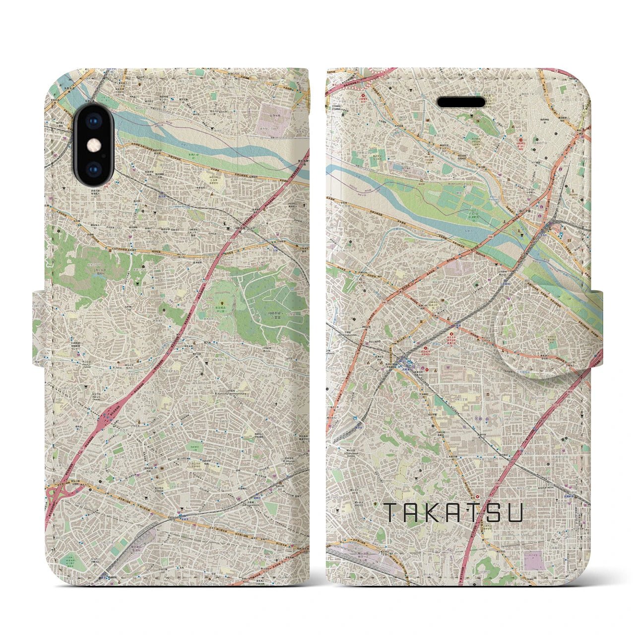 【高津(神奈川県)】地図柄iPhoneケース(手帳タイプ)ナチュラル・iPhone XS / X 用