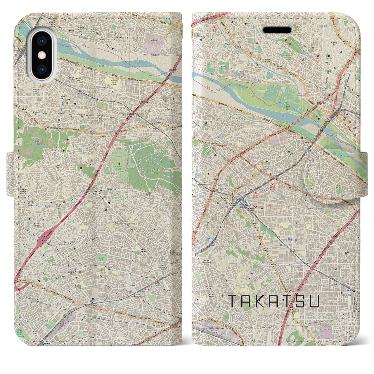 【高津(神奈川県)】地図柄iPhoneケース(手帳タイプ)ナチュラル・iPhone XS Max 用