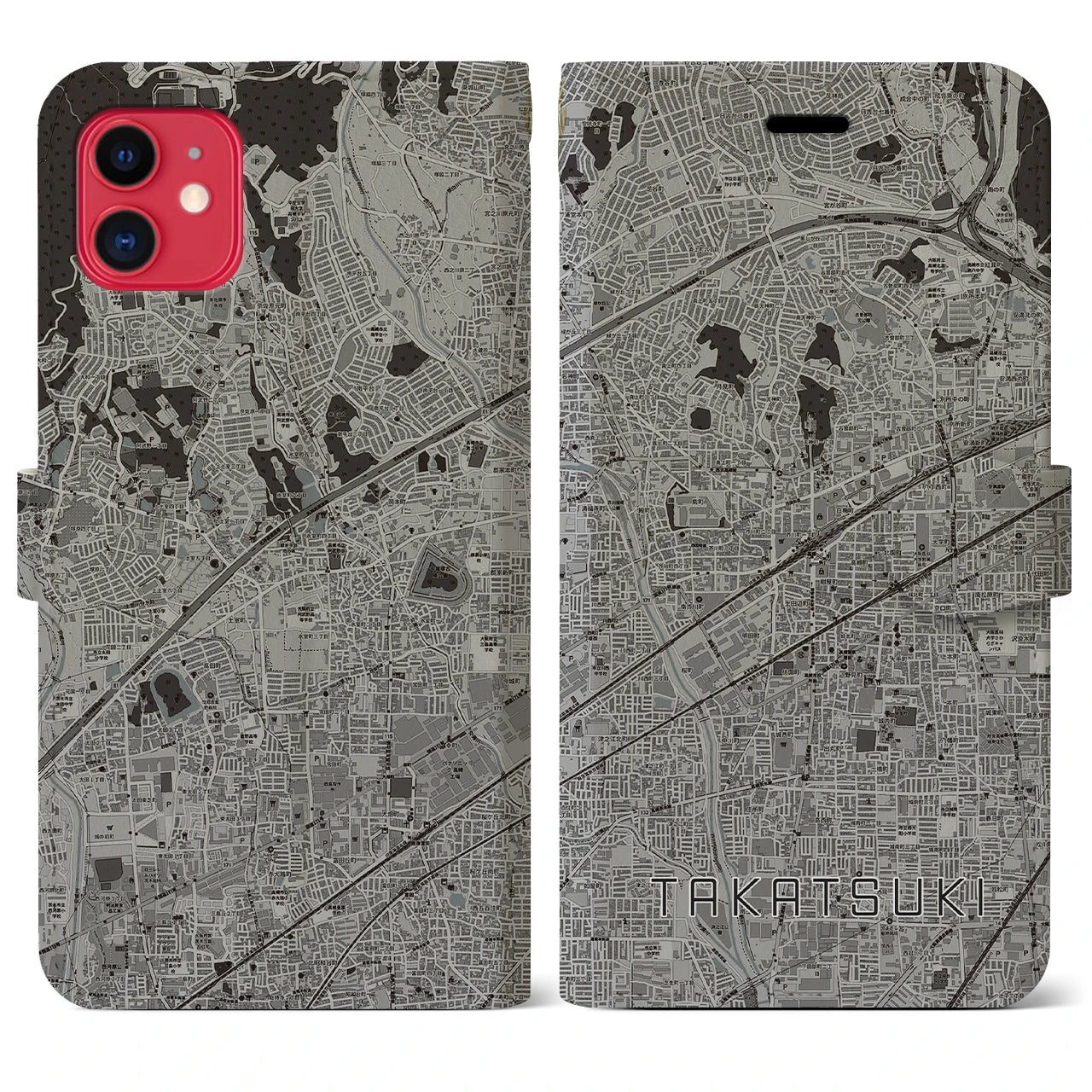 【高槻(大阪府)】地図柄iPhoneケース(手帳タイプ)モノトーン・iPhone 11 用