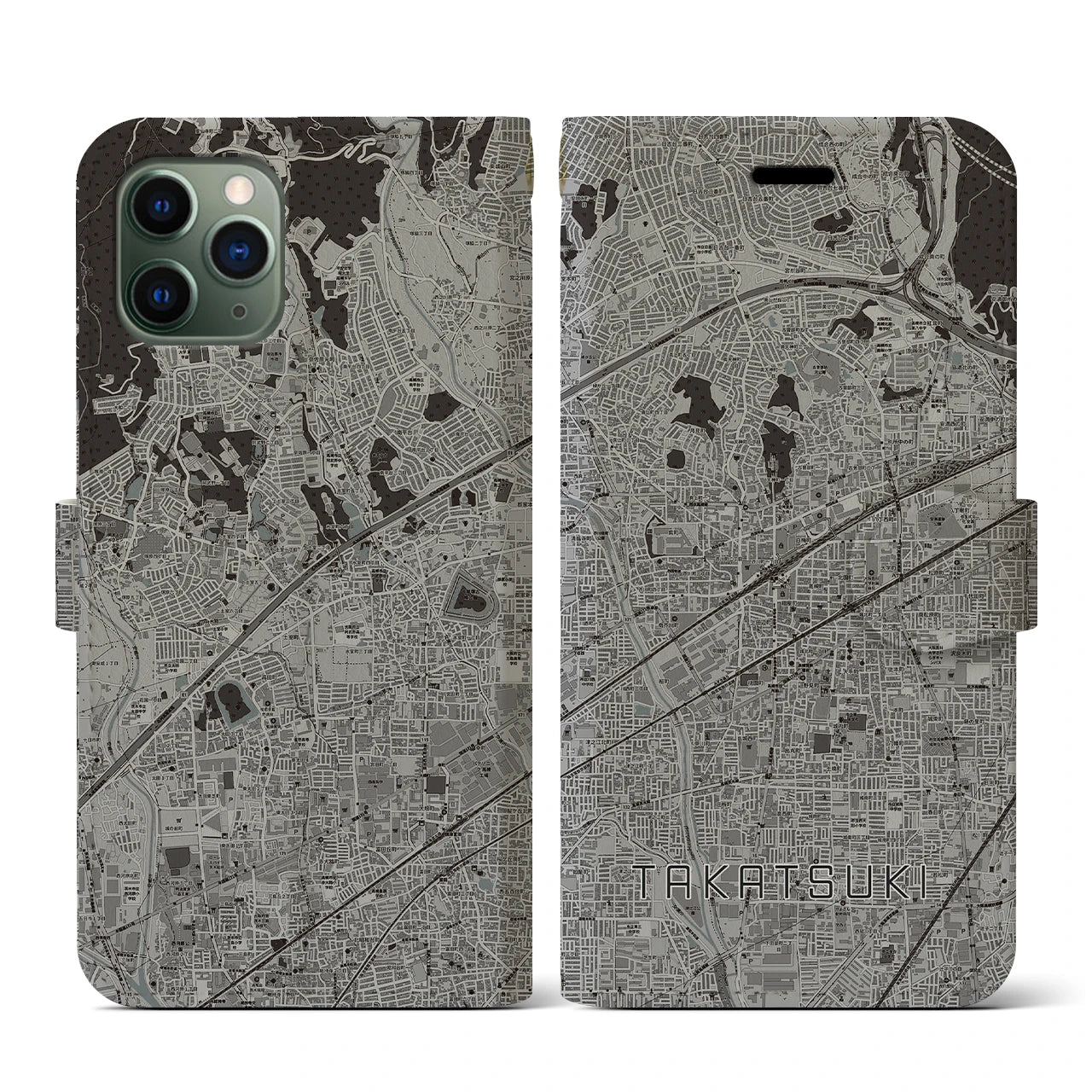 【高槻(大阪府)】地図柄iPhoneケース(手帳タイプ)モノトーン・iPhone 11 Pro 用