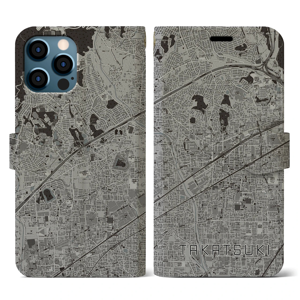 【高槻(大阪府)】地図柄iPhoneケース(手帳タイプ)モノトーン・iPhone 12 / 12 Pro 用