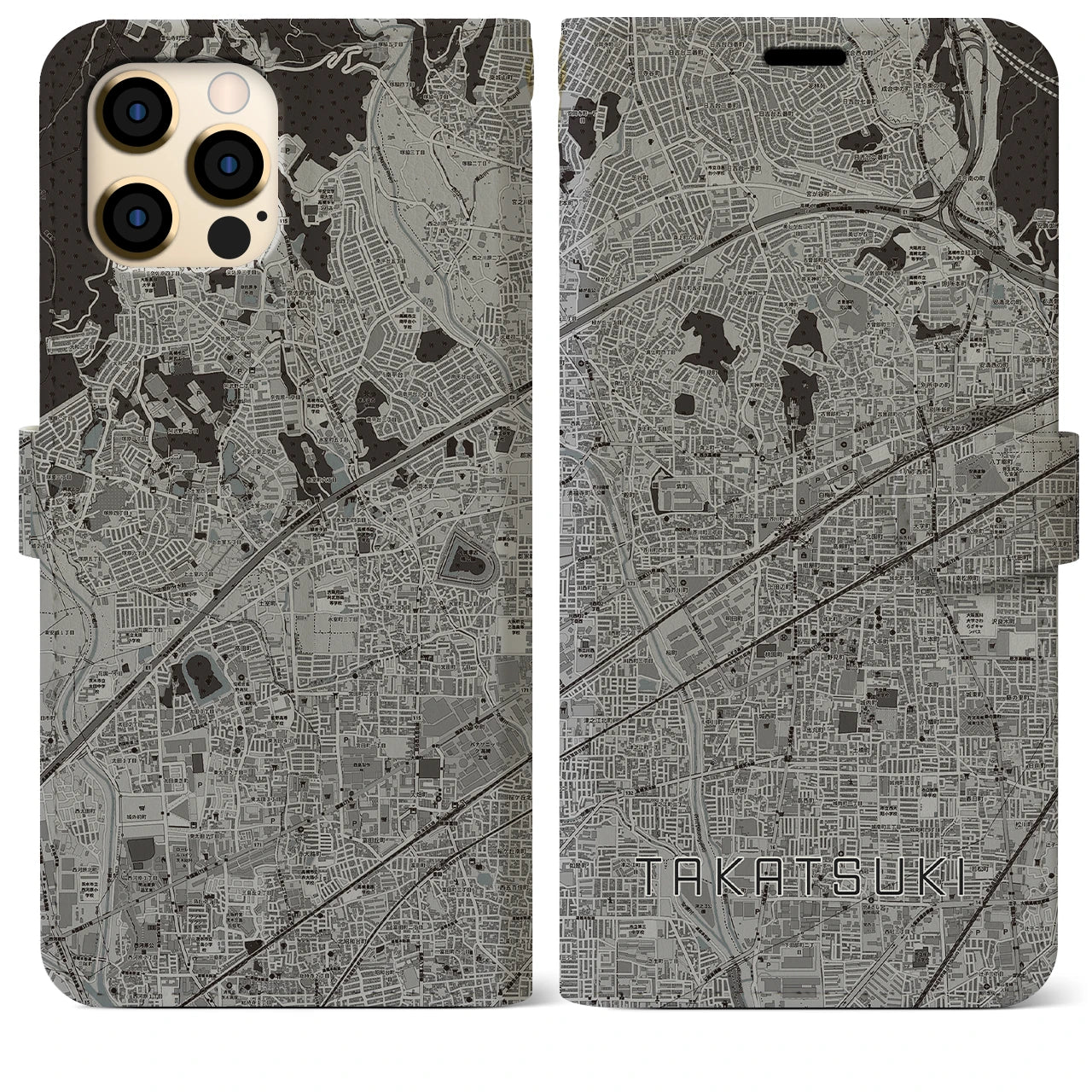 【高槻(大阪府)】地図柄iPhoneケース(手帳タイプ)モノトーン・iPhone 12 Pro Max 用