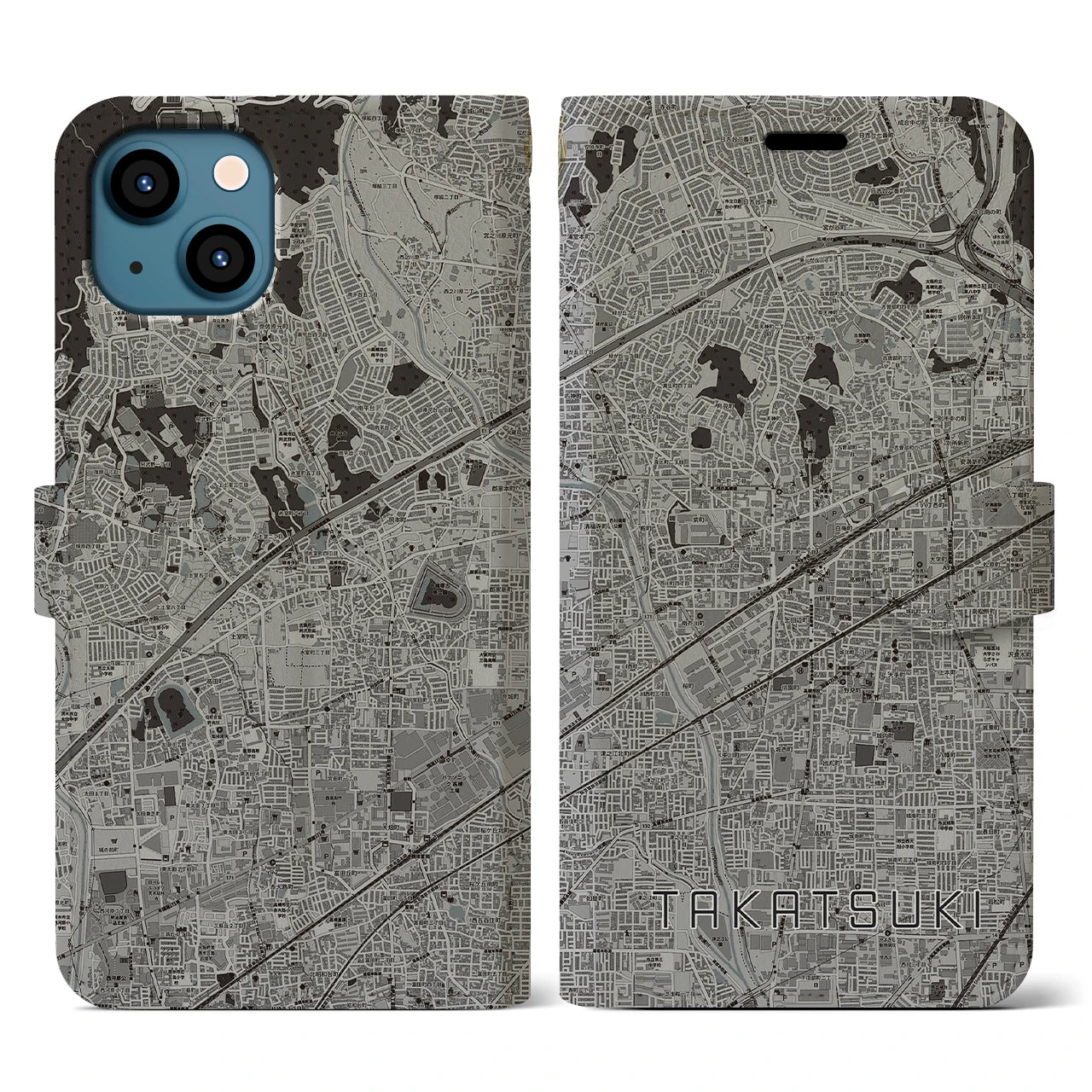 【高槻(大阪府)】地図柄iPhoneケース(手帳タイプ)モノトーン・iPhone 13 用