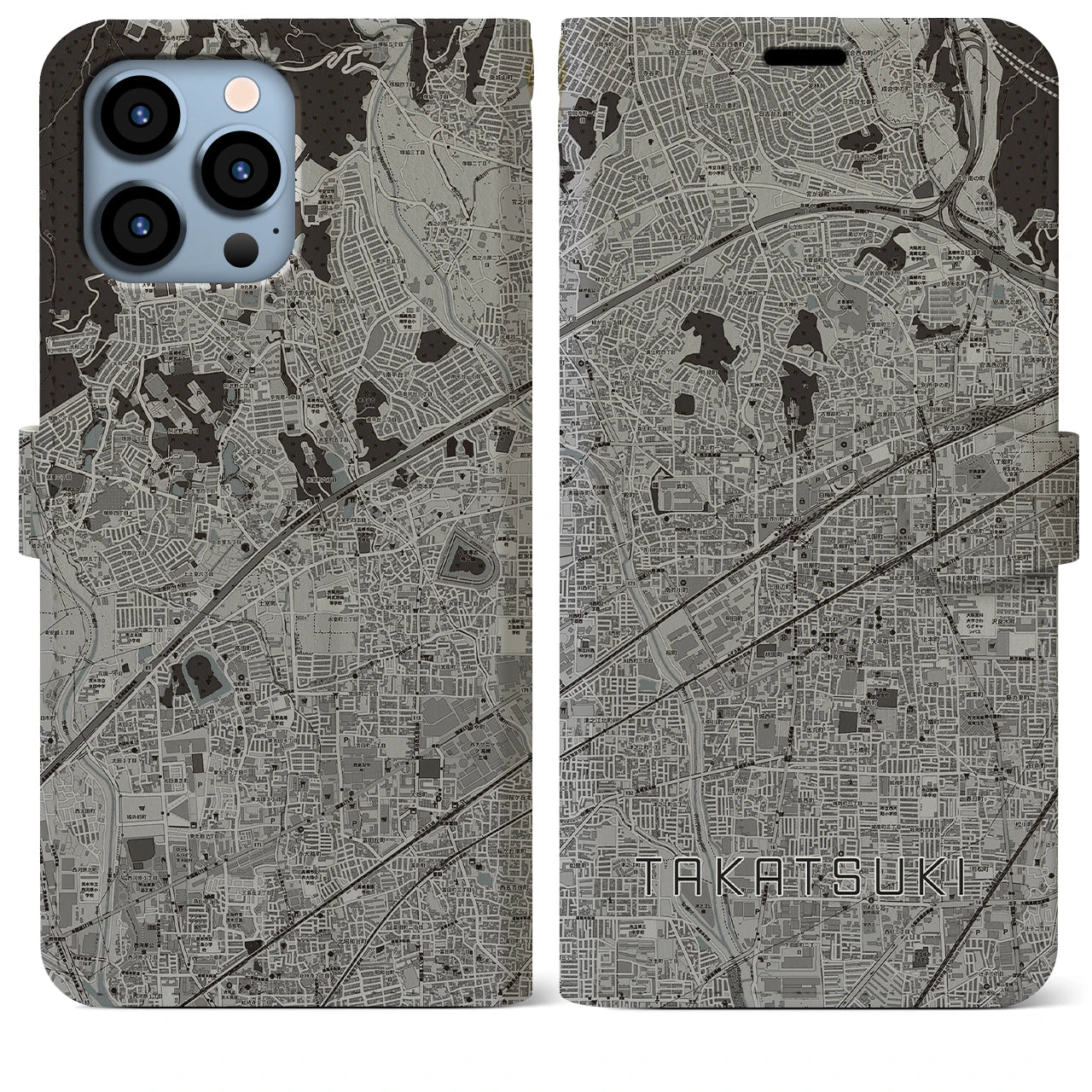 【高槻(大阪府)】地図柄iPhoneケース(手帳タイプ)モノトーン・iPhone 13 Pro Max 用