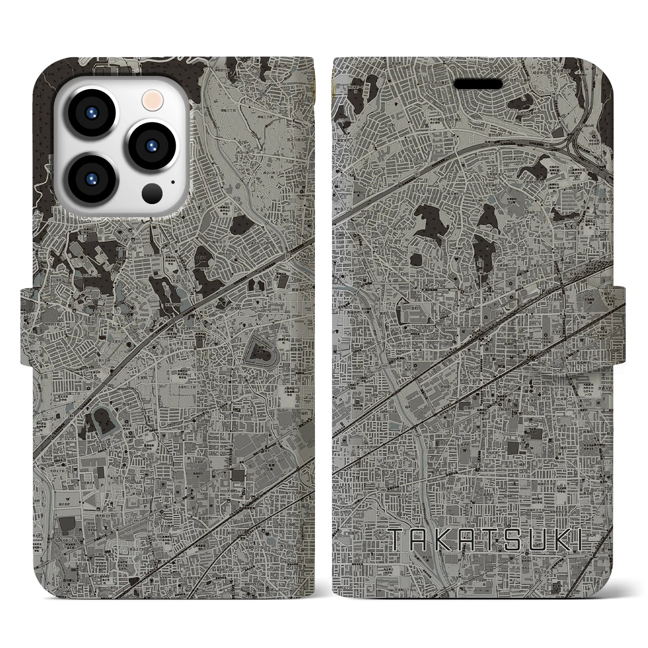 【高槻(大阪府)】地図柄iPhoneケース(手帳タイプ)モノトーン・iPhone 13 Pro 用