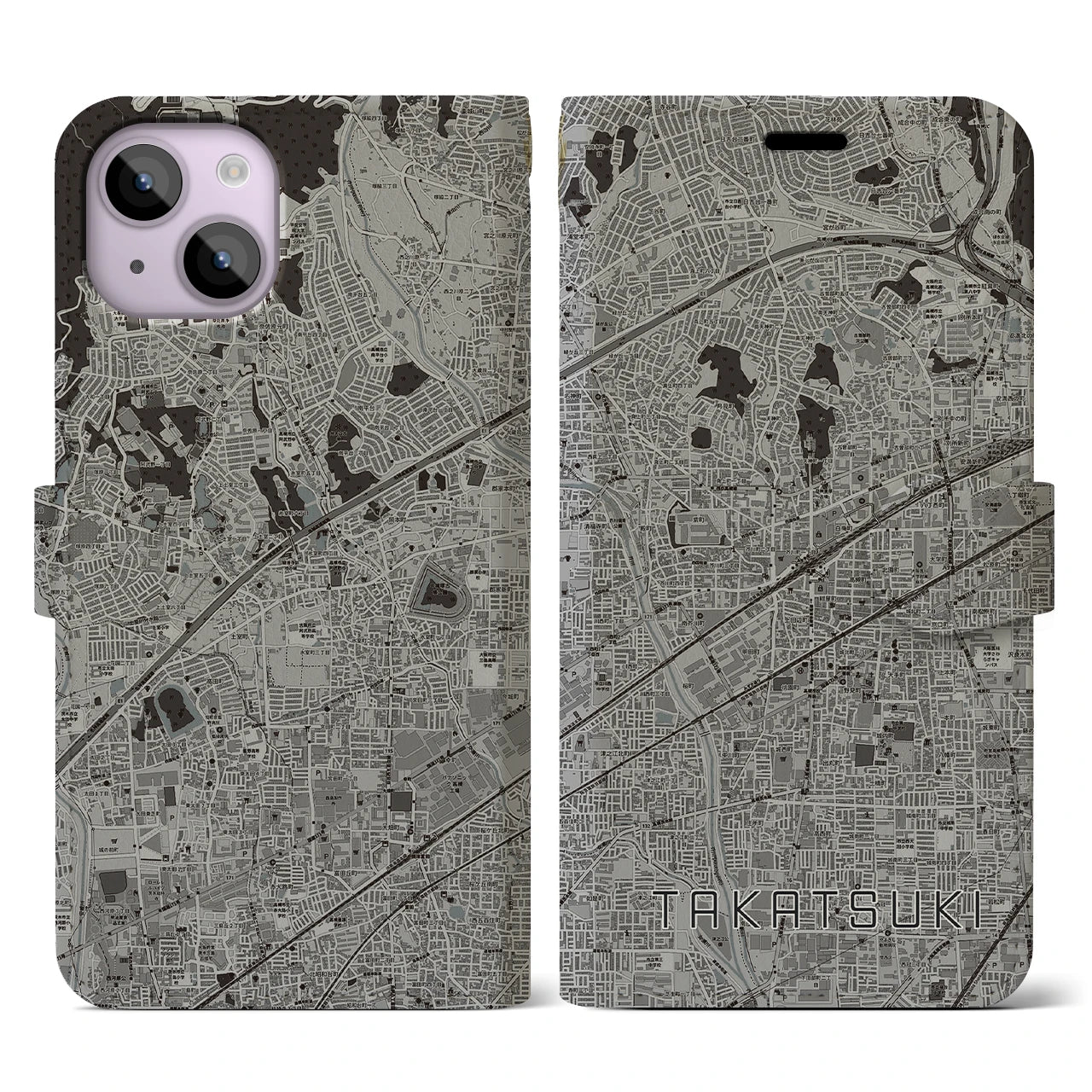 【高槻(大阪府)】地図柄iPhoneケース(手帳タイプ)モノトーン・iPhone 14 用