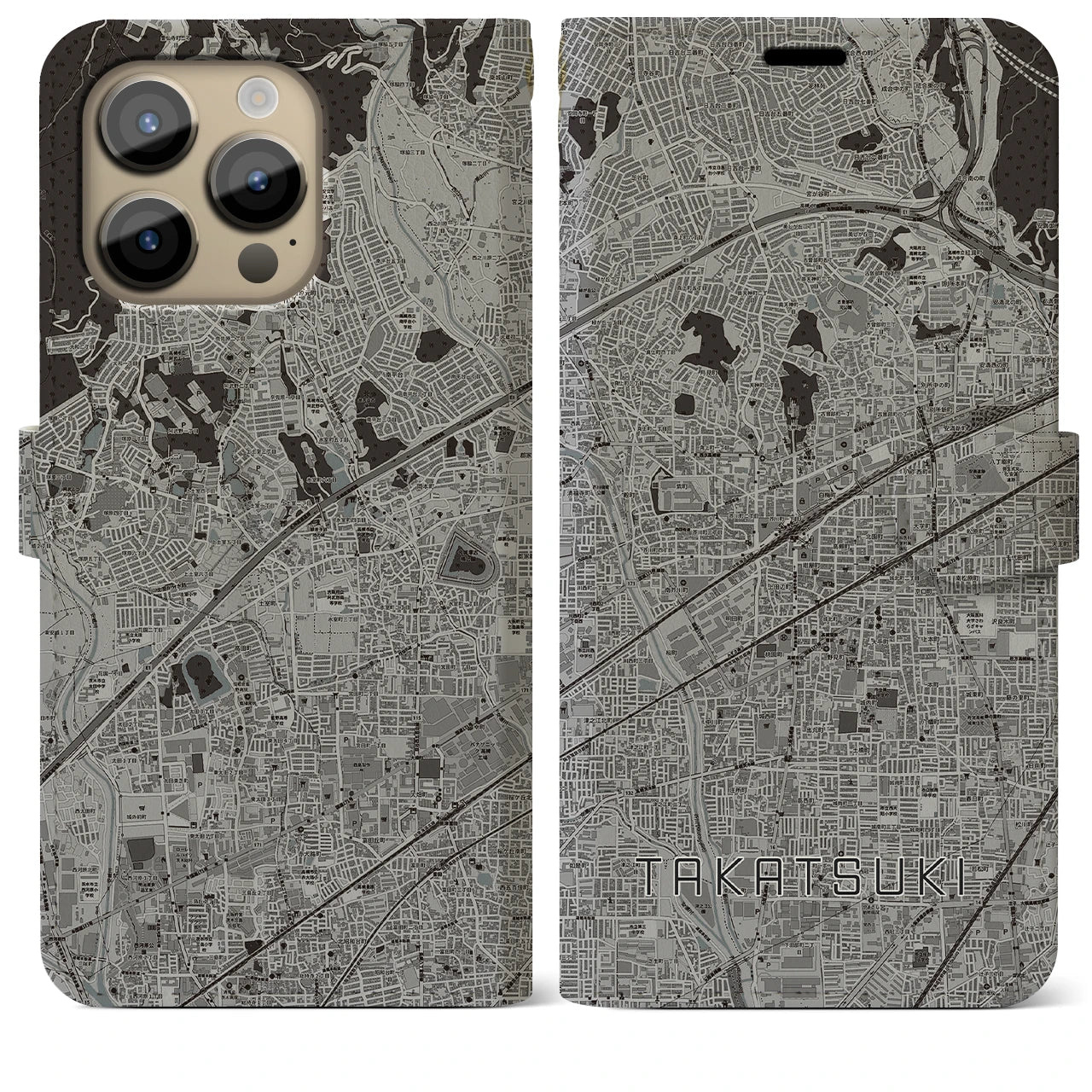 【高槻(大阪府)】地図柄iPhoneケース(手帳タイプ)モノトーン・iPhone 14 Pro Max 用