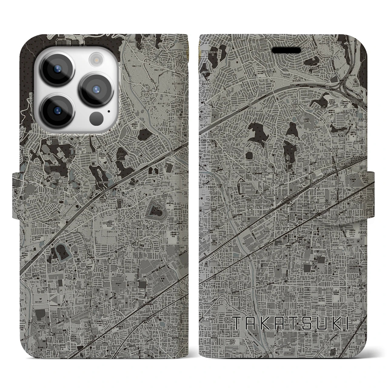 【高槻(大阪府)】地図柄iPhoneケース(手帳タイプ)モノトーン・iPhone 14 Pro 用