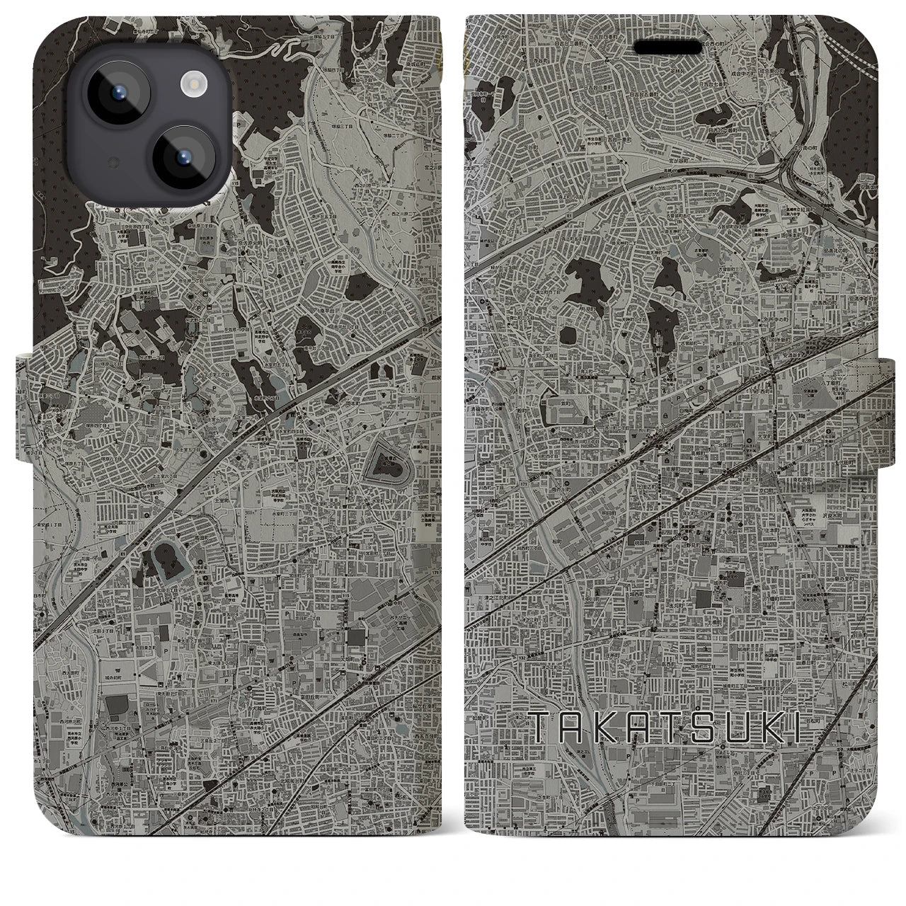 【高槻(大阪府)】地図柄iPhoneケース(手帳タイプ)モノトーン・iPhone 14 Plus 用