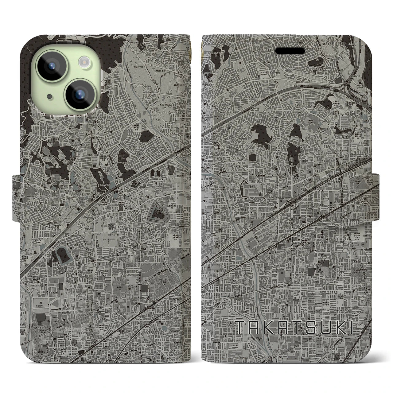 【高槻(大阪府)】地図柄iPhoneケース(手帳タイプ)モノトーン・iPhone 15 用