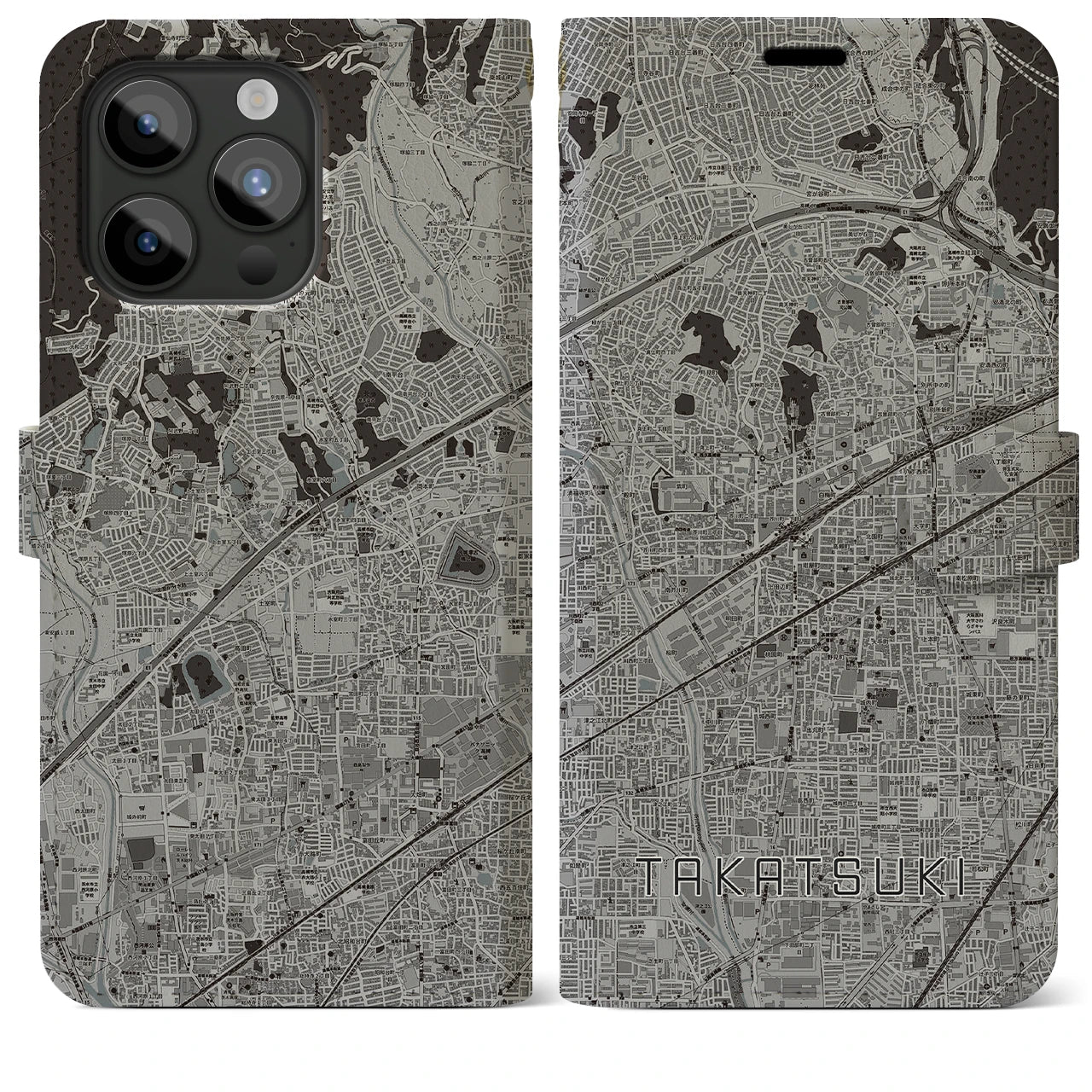 【高槻(大阪府)】地図柄iPhoneケース(手帳タイプ)モノトーン・iPhone 15 Pro Max 用