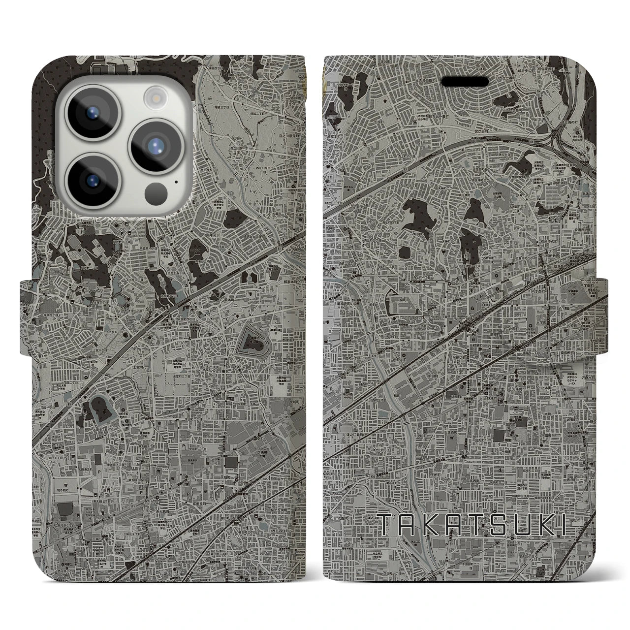 【高槻(大阪府)】地図柄iPhoneケース(手帳タイプ)モノトーン・iPhone 15 Pro 用