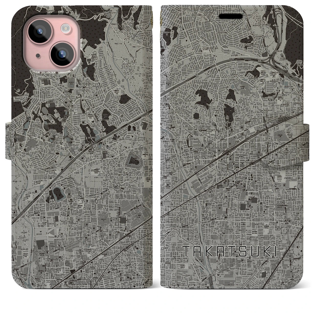 【高槻(大阪府)】地図柄iPhoneケース(手帳タイプ)モノトーン・iPhone 15 Plus 用
