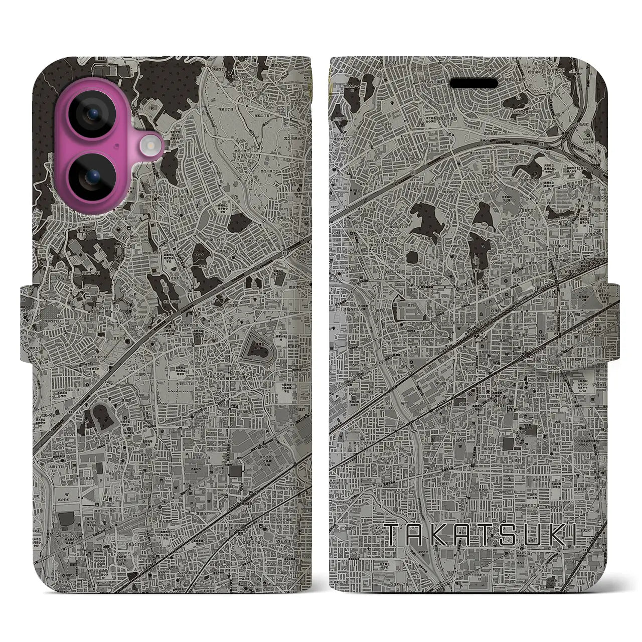 【高槻(大阪府)】地図柄iPhoneケース(手帳タイプ)モノトーン・iPhone 16 Pro 用