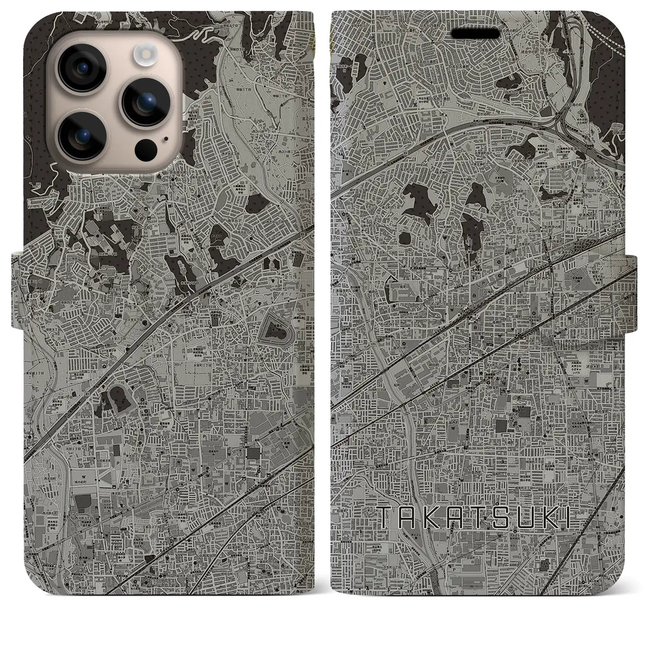 【高槻(大阪府)】地図柄iPhoneケース(手帳タイプ)モノトーン・iPhone 16 Plus 用