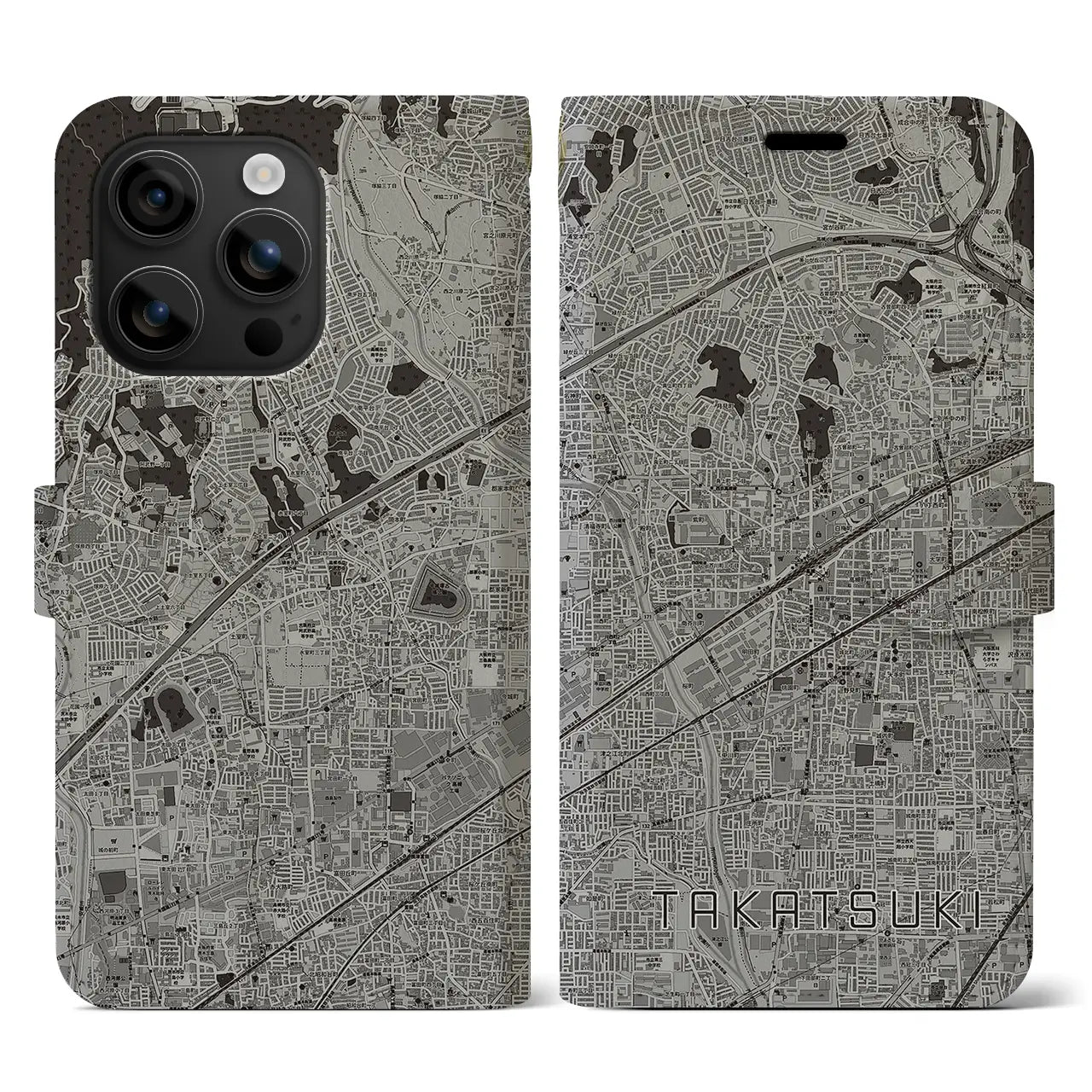 【高槻(大阪府)】地図柄iPhoneケース(手帳タイプ)モノトーン・iPhone 16 用