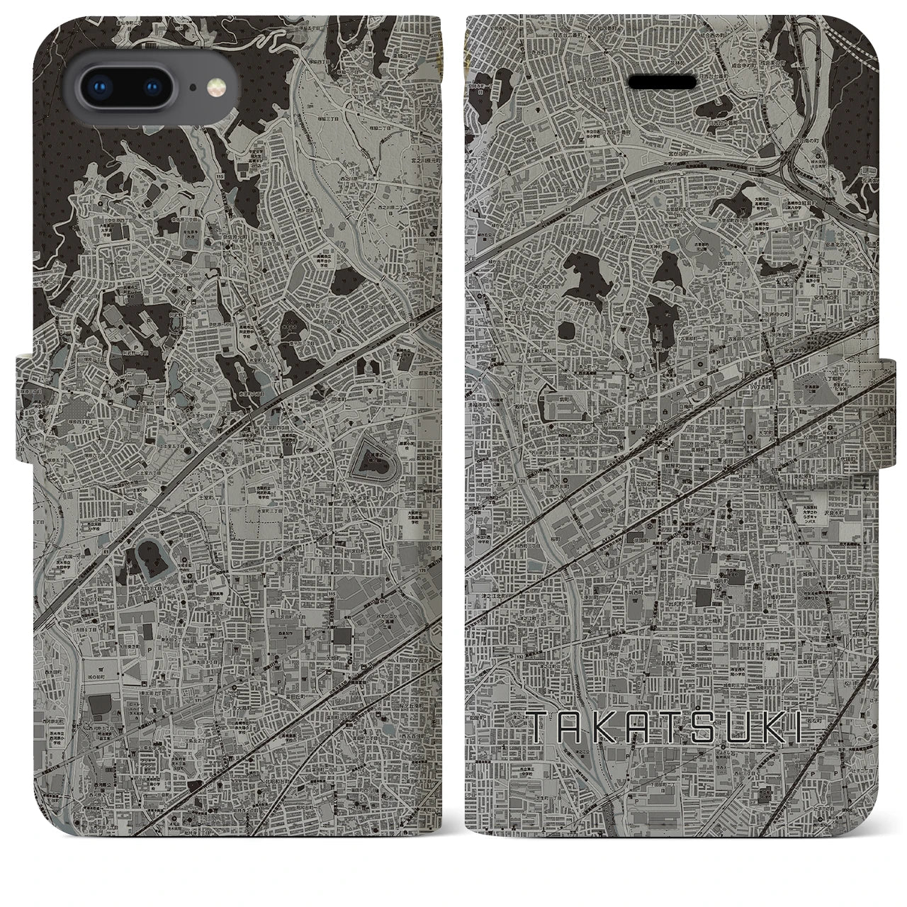 【高槻(大阪府)】地図柄iPhoneケース(手帳タイプ)モノトーン・iPhone 8Plus /7Plus / 6sPlus / 6Plus 用